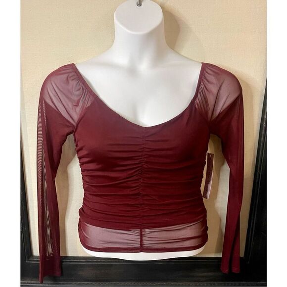 Almost Famous Tops - Crave Fame Burgundy Mesh Sleeve Top - Medium